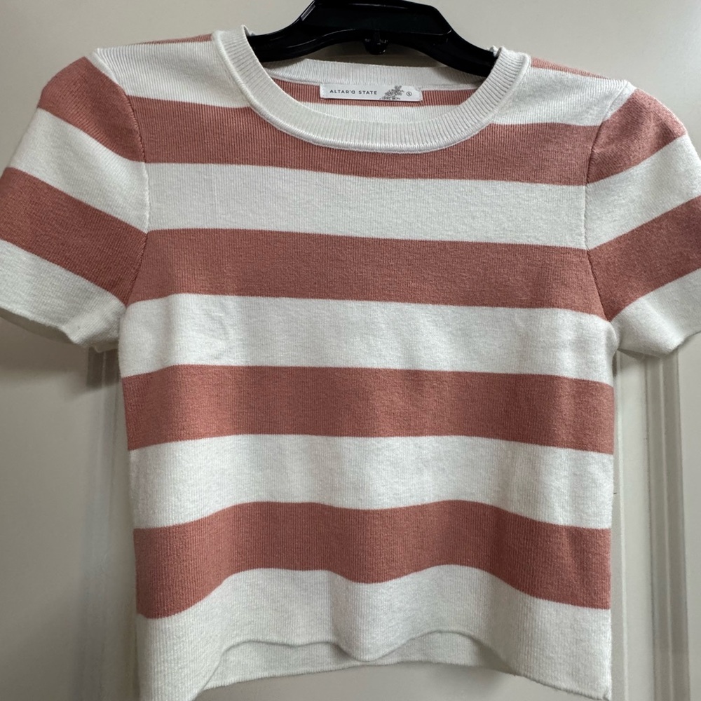 Alter’d State Striped Pink and White Short Sleeve Top